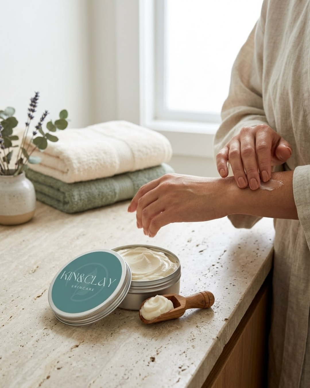 Open tin of Kin & Clay Lemongrass Whipped Body Butter with a wooden scoop, as a woman applies the whipped butter to her arm