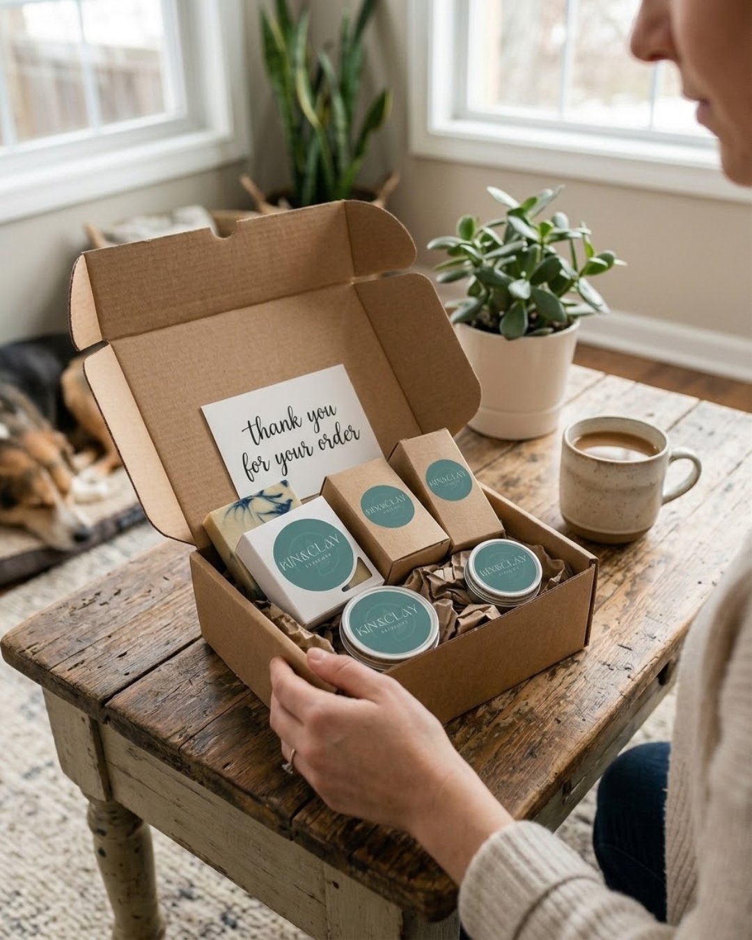 Opened Kin & Clay shipping box with a thank-you card, soap bar, and boxed tins packed inside