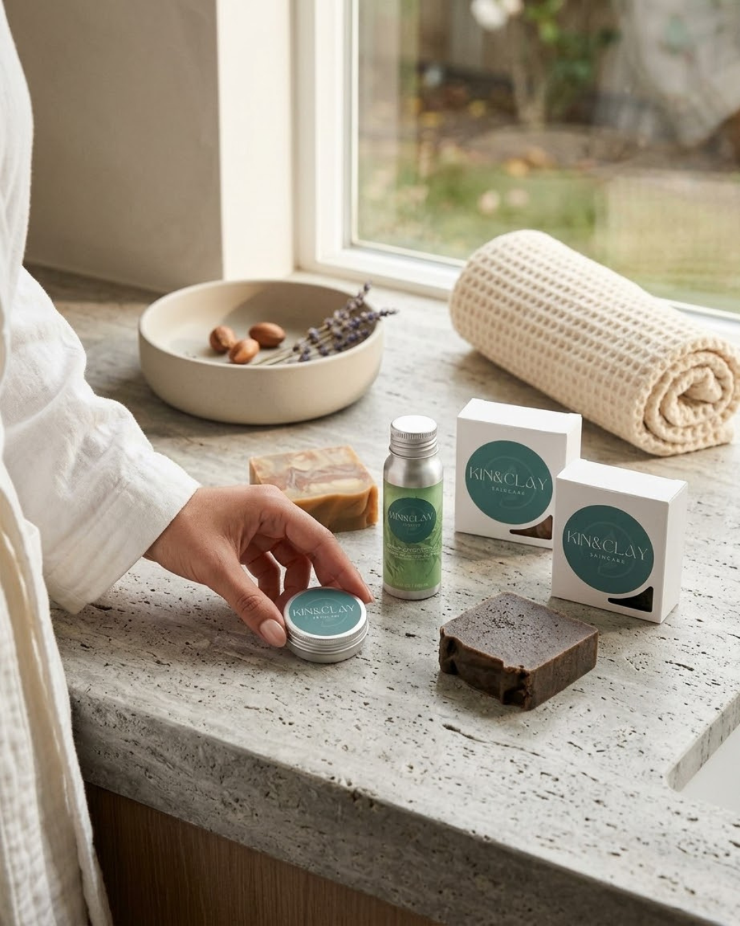 Bar of pale swirled soap and a dark exfoliating soap bar displayed with a Kin & Clay box on a stone bathroom counter