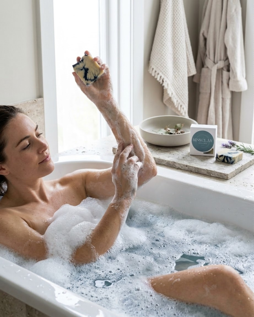 Woman in a bubble bath holding up a lavender-swirled bar of Kin & Clay Goat's Milk Lavender Soap