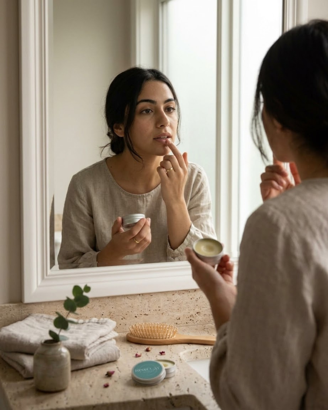 Woman applying Kin & Clay Coconut Lip Balm with her fingertip while looking in a bathroom mirror