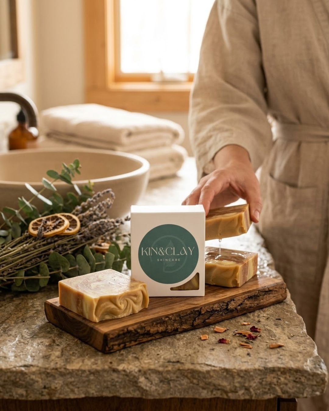 Hand lifting a tan swirled bar of Kin & Clay Sandalwood Clay Soap from a wooden tray with dried citrus and lavender