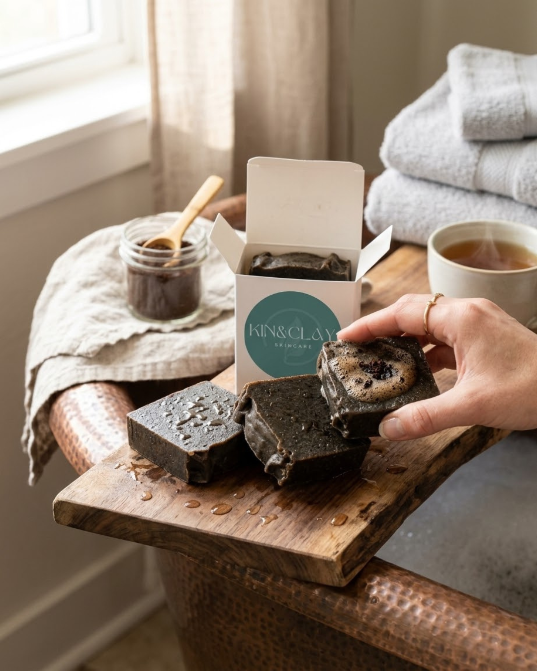 Hand picking up a bar of Kin & Clay Coffee & Vanilla Bean Body Scrub from its box, with a jar of loose scrub and tea in the background