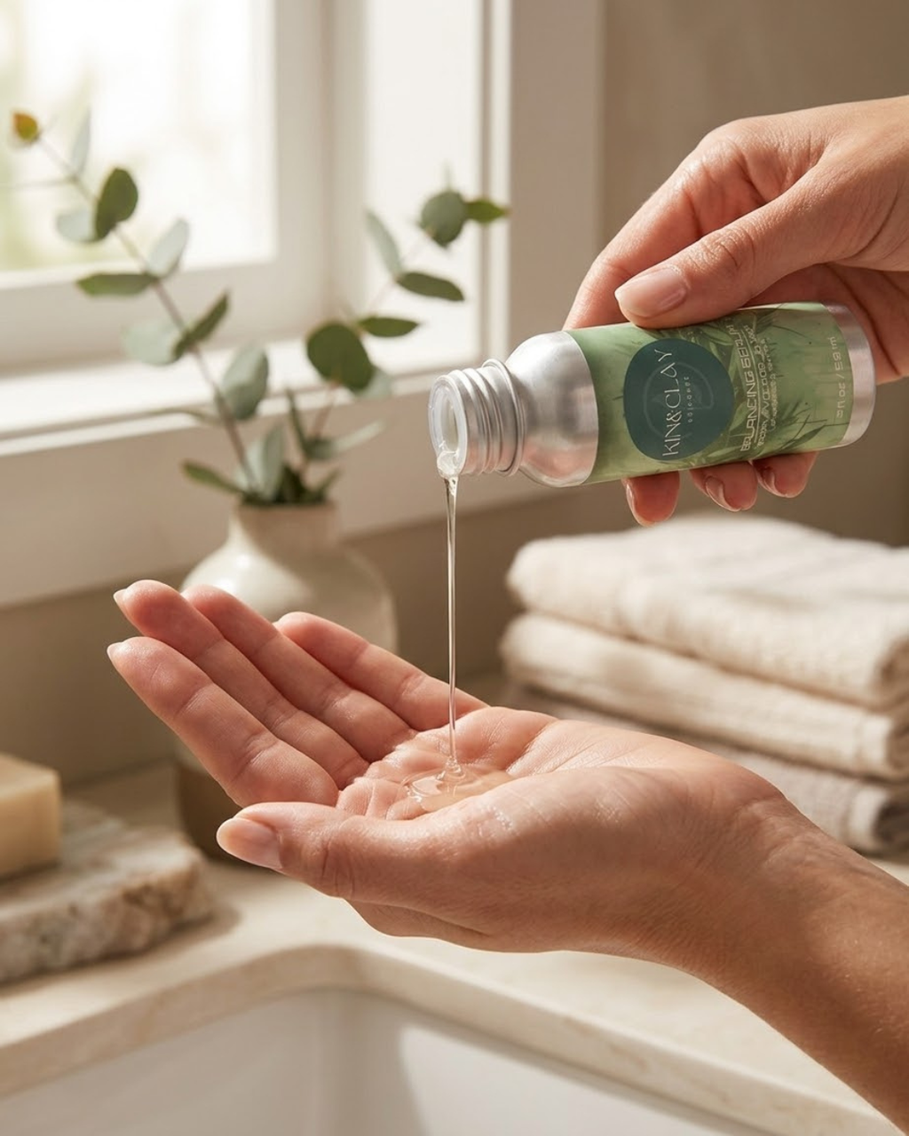 Kin & Clay facial serum being poured from an aluminum bottle into an open palm